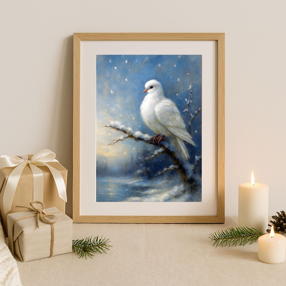 白い鳩 絵画 神秘的 インテリア 大きめ 白い鳩の油絵｜ヴィンテージクリスマスウォールアート（デジタル
