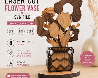 Laser geschnittene Blumenvase SVG, Holzblumenstrauß, Glowforge Blumendekor, Muttertagsgeschenk SVG, Tischdekoration