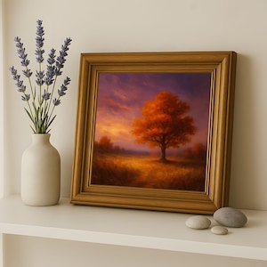 Autumn Tree Oil Painting, Rustic Fall Landscape Wall Art, Vintage Countryside Sunset Print, Cozy Farmhouse Digital Download Decor