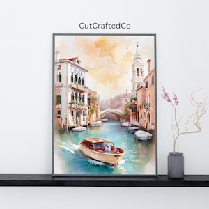 Venice Watercolor Wall Art, Italian Canal Printable Art, Romantic Boat Scene, Venice Architecture Digital Download, Europe City Travel Decor