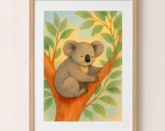 Sleepy Koala Watercolor Print – Australian Nursery Wall Art (Digital Download)