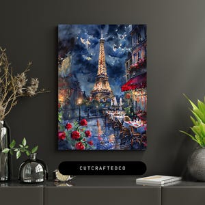 Paris Eiffel Tower Watercolor Print, Romantic Paris Café Wall Art, Night Street Scene Digital Download, French Cityscape Decor