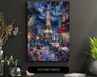 Impresión en acuarela de la Torre Eiffel de París, escena nocturna romántica (descarga digital)