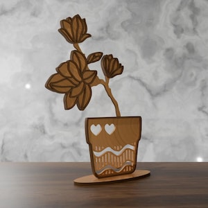 Laser Cut Flower Pot SVG | Magnolia Blossom Wood Decor Template | 3D Standing Flower Gift | Mother&#39;s Day Laser File for Cricut & Glowforge