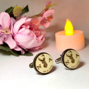 Personalized Deer Head Cufflinks | Initials & Date Engraved Wood Cuff Links | Rustic Wedding Gift for Him | Custom Groomsmen Accessory