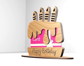Taartcadeaukaarthouder met standaard SVG | Lasergesneden verjaardagsvijl voor 3 mm hout | Gelukkige verjaardag Cricut Glowforge sjabloon svg pdf eps