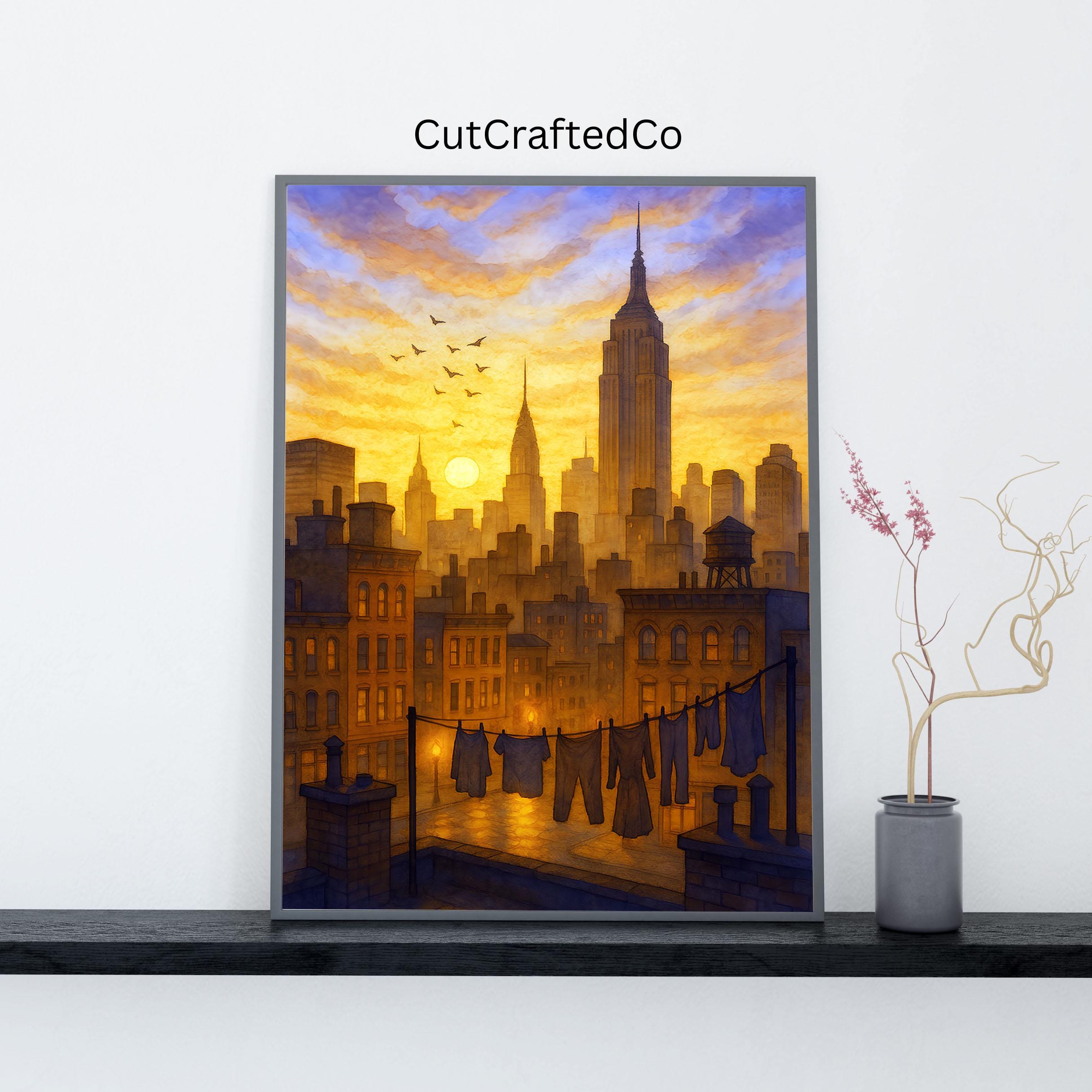 ニューヨークのスカイラインと夕日の水彩画 – エンパイア・ステート