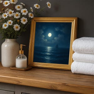 Full Moon Over Ocean Digital Oil Painting | Nautical Seascape Wall Art PNG | Calm Night Sea Print for Coastal Home & Office Decor