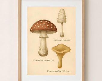 May include: A framed botanical print featuring three mushroom illustrations. The print includes a red and white spotted mushroom labeled "Amanita muscaria", a tall, white mushroom labeled "Coprinus comatus", and a yellow mushroom labeled "Cantharellus cibarius".