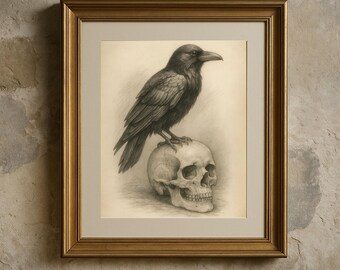 カラスと頭蓋骨の鉛筆画 – ゴシックダークアカデミアウォールアート