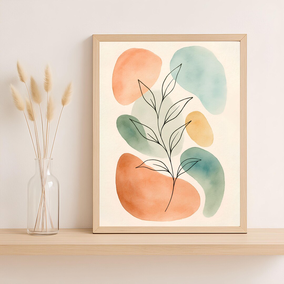 Boho Botanical Line Art Print – Abstract Watercolor Shapes (digital PNG ...