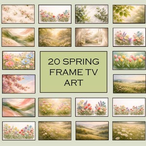 May include: A collection of 20 rectangular digital art prints with spring themes. The images feature floral arrangements, landscapes, and nature scenes in soft pastel colors. The text "20 SPRING FRAME TV ART" is in the center.