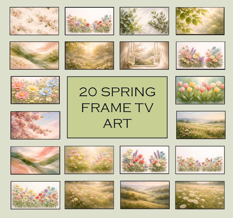 May include: A collection of 20 rectangular digital art prints with spring themes. The images feature floral arrangements, landscapes, and nature scenes in soft pastel colors. The text "20 SPRING FRAME TV ART" is in the center.