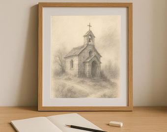 Boceto a lápiz de una iglesia rústica, arte de capilla vintage (impresión digital)