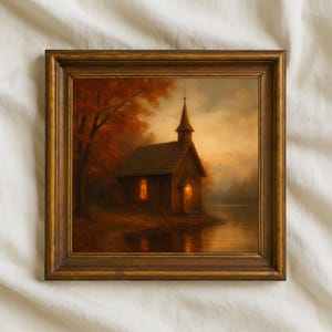 Rustic Autumn Chapel Wall Art, Vintage Countryside Church Painting, Warm Fall Cottage Decor, Digital Download Print