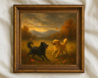 May include: A framed painting depicts two dogs playing in a field during autumn. One dog is black, the other is golden. The background features trees with orange leaves, mountains, and a cloudy sky.