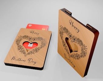 Houten hart cadeaukaarthouder SVG | Lasergesneden verjaardagskaart met bloemen | Envelop Moederdagcadeaubon | Digitaal bestand voor Cricut & Glowforge