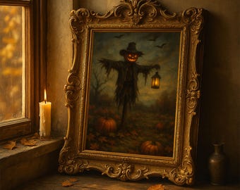 Gothic Halloween Vogelscheuche Print | Verwunschenes Kürbisfeld Ölgemälde (Digitaler Download)