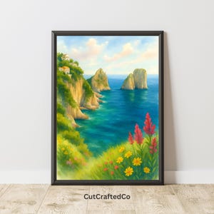 Capri Watercolor Print – Italian Coastal Digital Wall Art, Faraglioni Rock Seascape Home Décor PNG, Digital wall art Italy