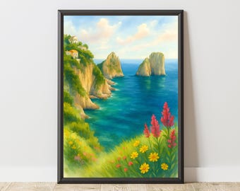 Capri Italy Watercolor Print – Faraglioni Rock Seascape (Digital Download)