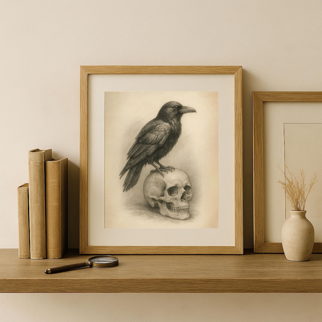 カラスと頭蓋骨の鉛筆画 – ゴシックダークアカデミアウォールアート