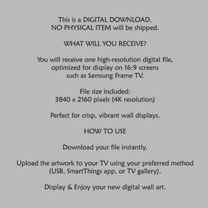 May include: Digital download information sheet with text on a light gray background. The text describes the digital file, its resolution, and how to use it on a TV screen. It emphasizes that no physical item will be shipped.