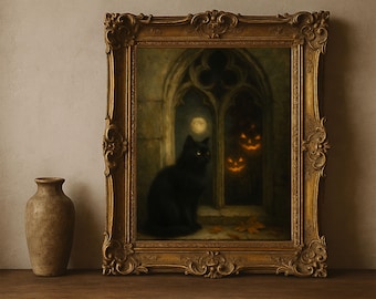 Gothic schwarze Katze Halloween Kunst | Gruseliges Ölbild Druck (Digitaler Download)