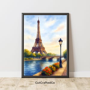 Eiffel Tower Wall Art | Paris Seine River Watercolor Print | Romantic France Digital Download, European Travel Home Decor