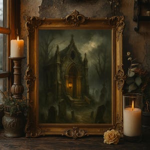 May include: A framed painting of a gothic mausoleum in a dark forest, with a warm light emanating from within. The ornate gold frame complements the eerie scene. A lit candle and a rose are in the foreground, enhancing the gothic theme.