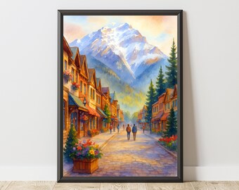 Banff Avenue-aquarelprint – Canadese Rockies-reisposter (digitale download)