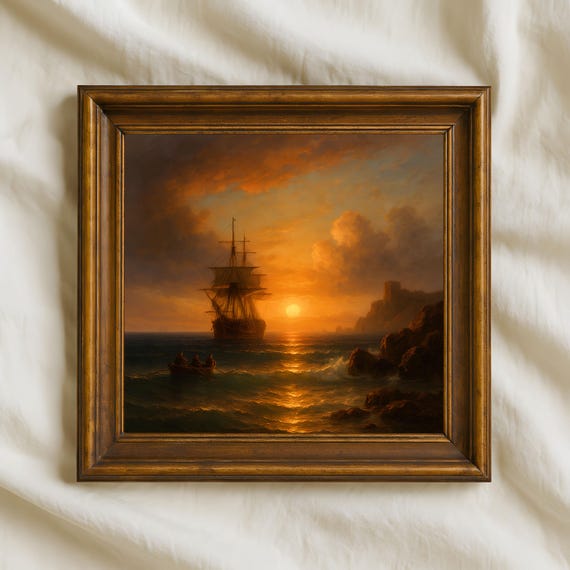 ヴィンテージ帆船の絵画、夕焼けの海景アート（デジタルダウンロード