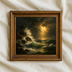 Art mural océan orageux, peinture à l&#39;huile numérique paysage marin dramatique, décor nautique côtier pour maison de plage et amoureux de la mer