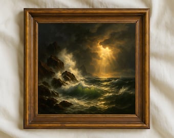 Ocean Oil Painting, Stormy Sea Digital Wall art (PNG)