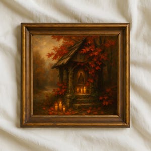 Può includere: Dipinto incorniciato di un piccolo santuario in legno circondato da foglie rosse autunnali. Candele accese illuminano il santuario. L'opera d'arte ha una calda tavolozza di colori e un'estetica vintage.