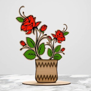 3D Rose Flower Pot Laser Cut SVG | Wooden Floral Vase Stand Template | Mother&#39;s Day Wood Decor Digital File for Glowforge & Cricut