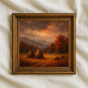 May include: A framed landscape painting of an autumnal scene. The artwork shows two haystacks in a field, with trees and mountains in the background. The colour palette includes warm tones of orange, brown, and gold, with a dark, cloudy sky.