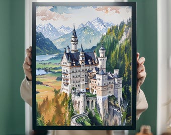ノイシュヴァンシュタイン城 水彩画｜ドイツ アルプスの風景（デジタル