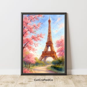 Paris Spring Wall Art – Eiffel Tower Watercolor Print, Romantic Cherry Blossom Artwork, Paris Home Décor Digital Download