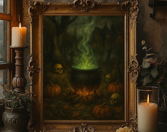 Gothic Witch Cauldron Oil Painting | Spooky Halloween Decor (Digital Download)