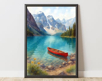 May include: A framed watercolor print depicts a serene lake scene with a red canoe floating on the turquoise water. Towering snow-capped mountains and evergreen trees frame the background. Yellow wildflowers and rocky shoreline add detail to the foreground.