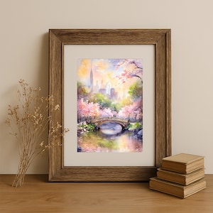Central Park Spring Bridge Watercolor Print – NYC Cherry Blossom Wall Art, Bow Bridge Painting, Pastel Skyline Artwork, New York City Decor
