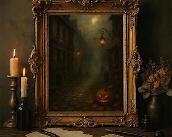 Gothic Halloween Print | Haunted Street, Spooky Pumpkin (Digital Download)