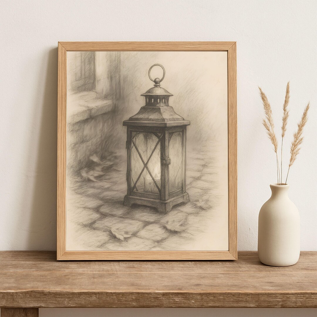 Lantern Pencil Sketch Print – Rustic Farmhouse Wall Art (digital