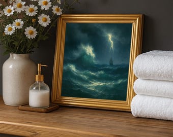 Stormy Seascape Oil Painting | Dramatic Ship at Sea Nautical Print (Digital Download)