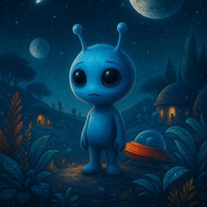 May include: A digital illustration of a blue alien with large black eyes standing in a nighttime landscape. A red and orange UFO sits nearby. The background features a moon, stars, and a shooting star.