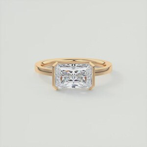 6x9 MM Elongated Radiant Cut Moissanite Solitaire-2.25 CT Iced Out Radiant-14k Solid Yellow Gold-East to West Half Bezel Set-Engagement Gift