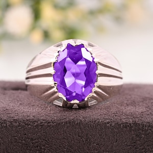 Sterling Silver Wide Band | Purple February Birthstone Ring | Gift for Husband Men&#39;s Purple Amethyst Ring, Bold Amethyst Ring for Men |