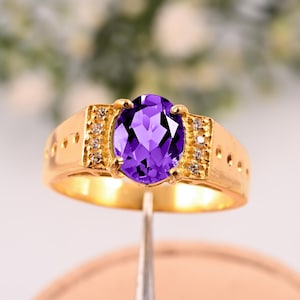 Sterling Silver Wide Band | Purple February Birthstone Ring | Gift for Husband Men&#39;s Purple Amethyst Ring, Bold Amethyst Ring for Men |