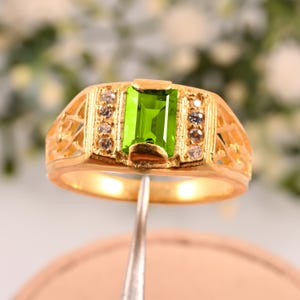 Peridot Ring for Men | 925 Sterling Silver with Gold Finish | Emerald-Cut Green Gemstone with Diamond Accents | August Birthstone Statement