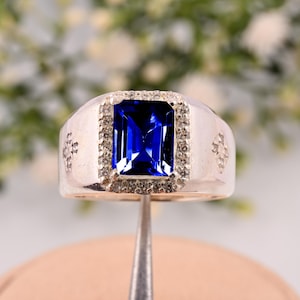 Wide Band Statement Ring  Men&#39;s Sapphire Ring in 925 Sterling Silver  Blue Gemstone | September Birthstone Gift, Blue Sapphire Hello Ring